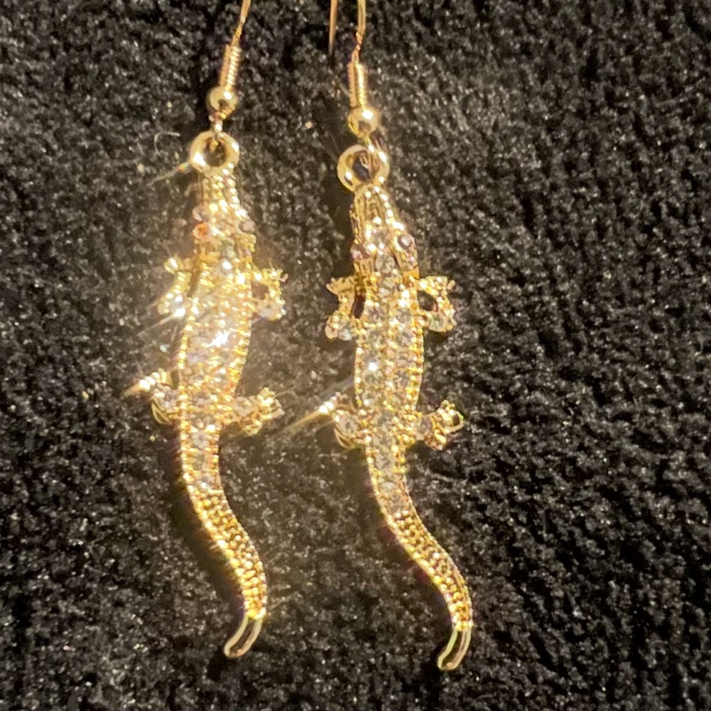 Golden Rhinestone Crocodile Earrings